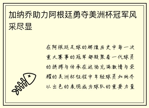 加纳乔助力阿根廷勇夺美洲杯冠军风采尽显